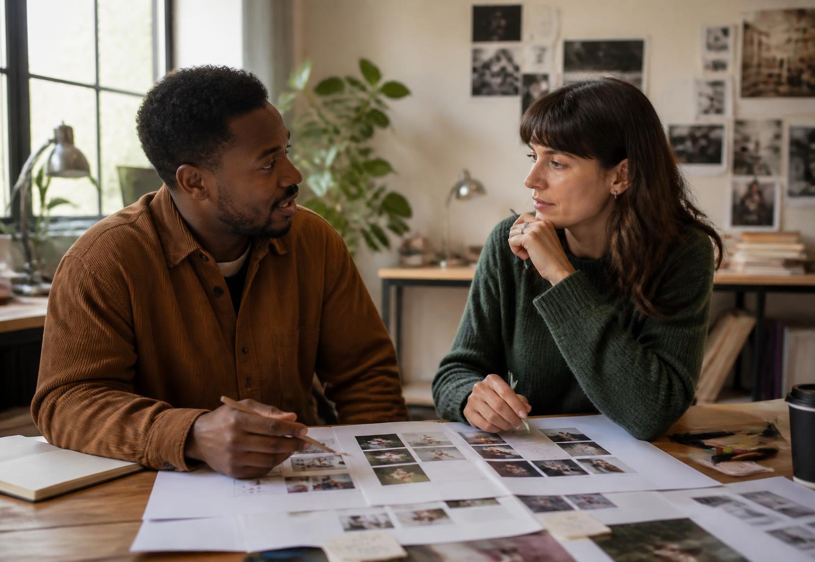 Two strategists talking through a campaign plan pinned to a studio wall