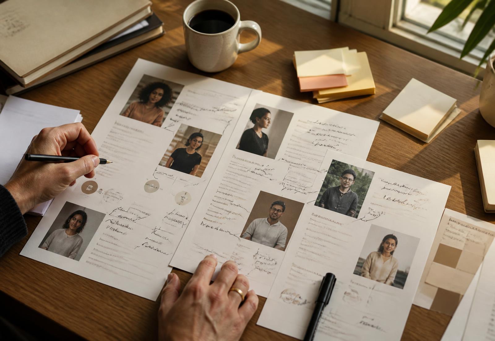 A strategist annotating printed creator profiles and campaign notes on a desk