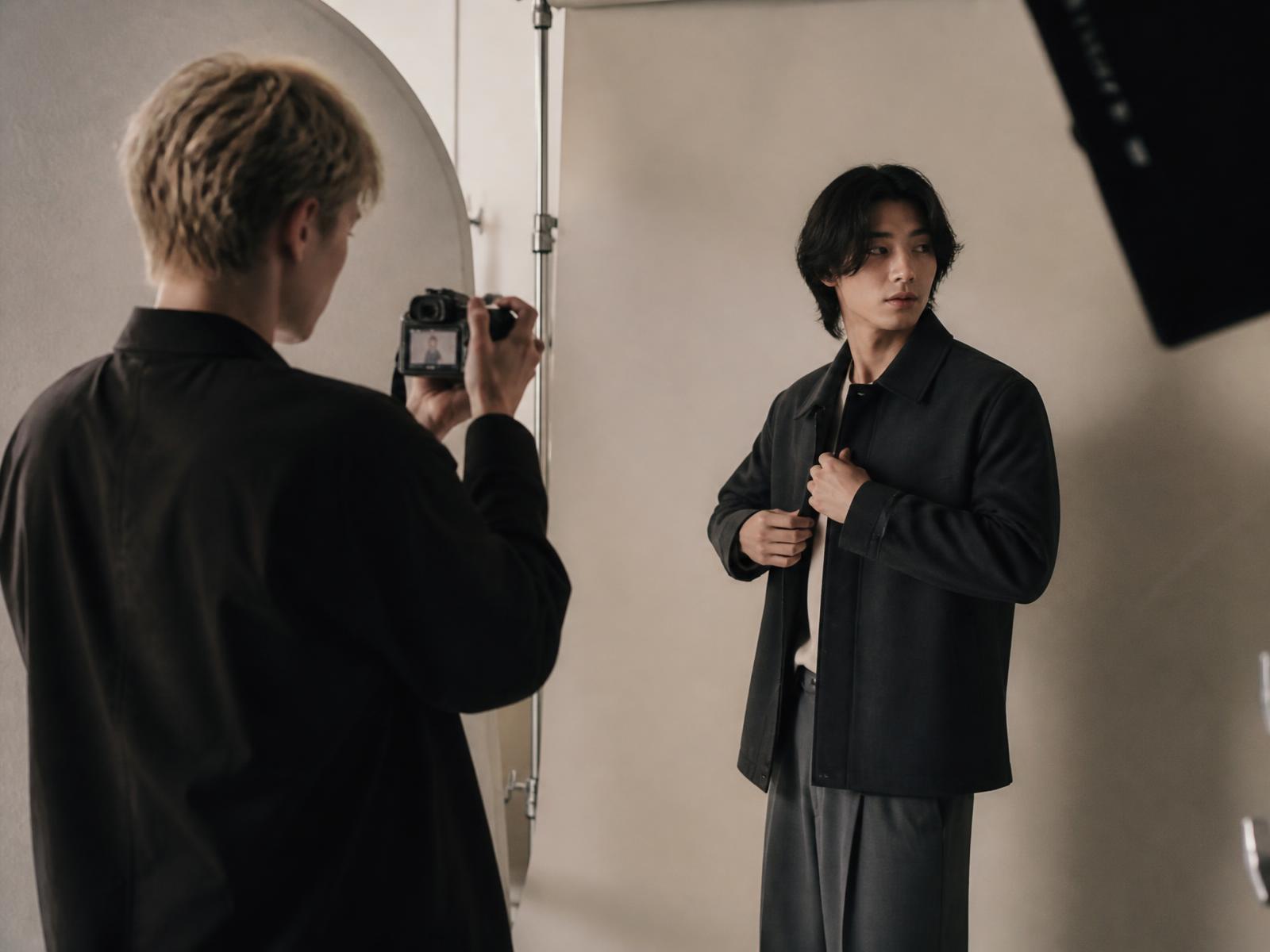 Two creators shooting product content together on a campaign set