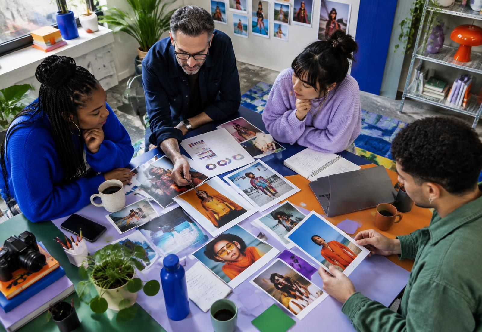A diverse creative team reviewing campaign images and performance notes