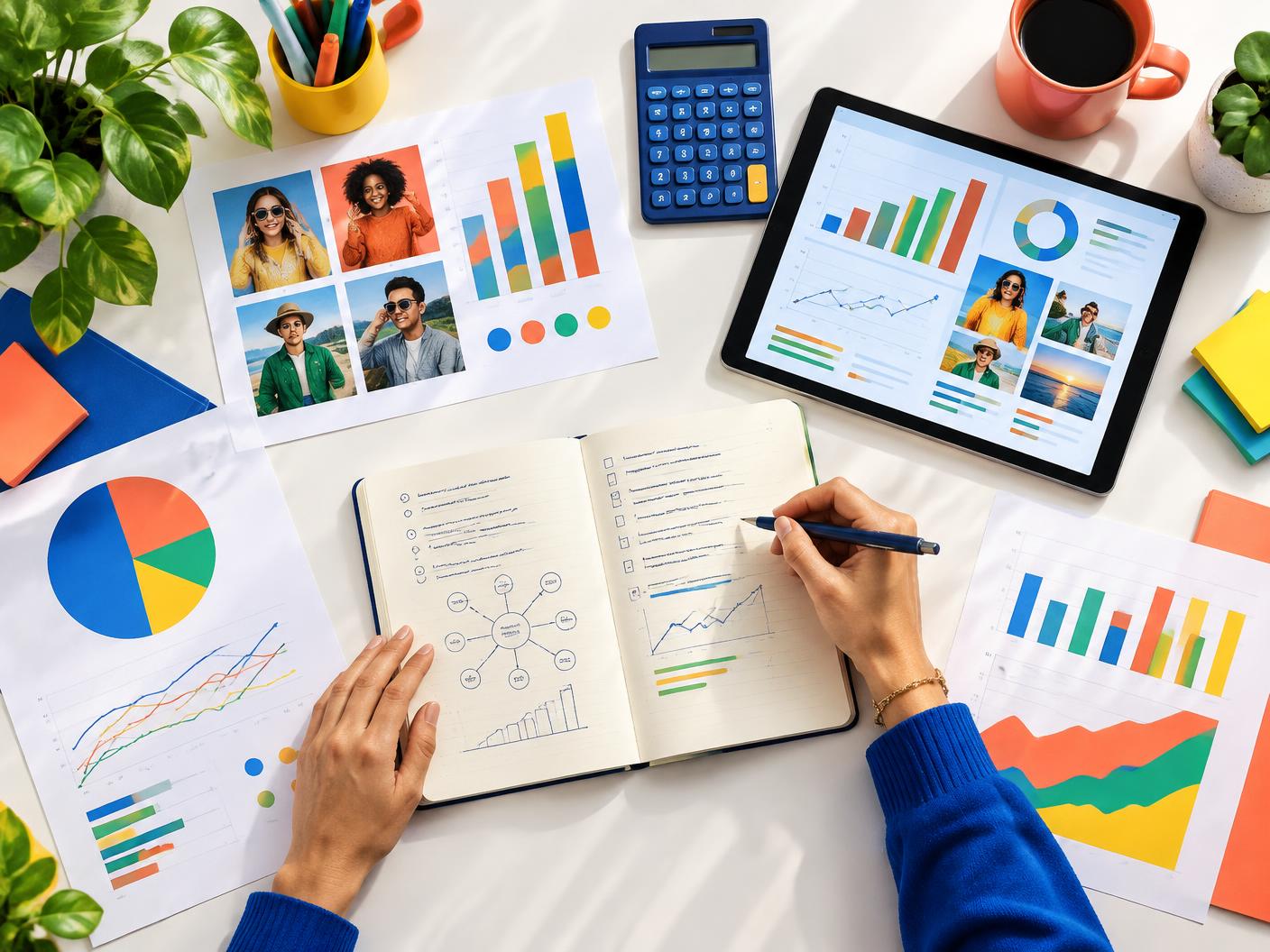 Campaign strategist taking notes among influencer marketing charts